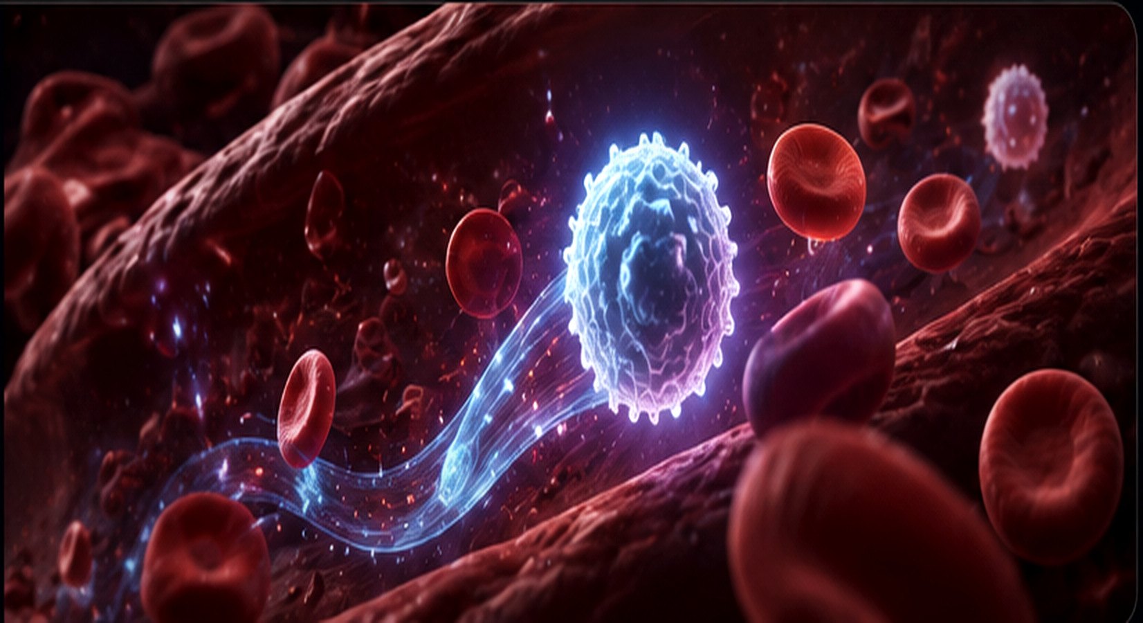 Artistic scientific illustration of a mature T cell travelling among red blood cells inside a blood vessel.