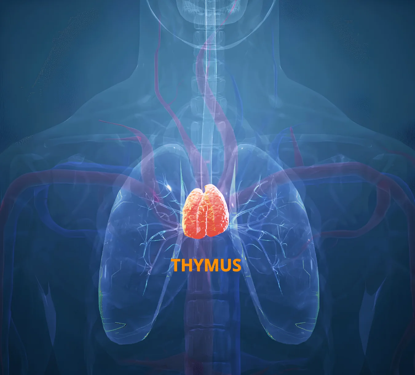 Illustration of the thymus in the upper chest